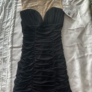 Black Strapless Ruched Sweetheart Dress with Sequin Bodice